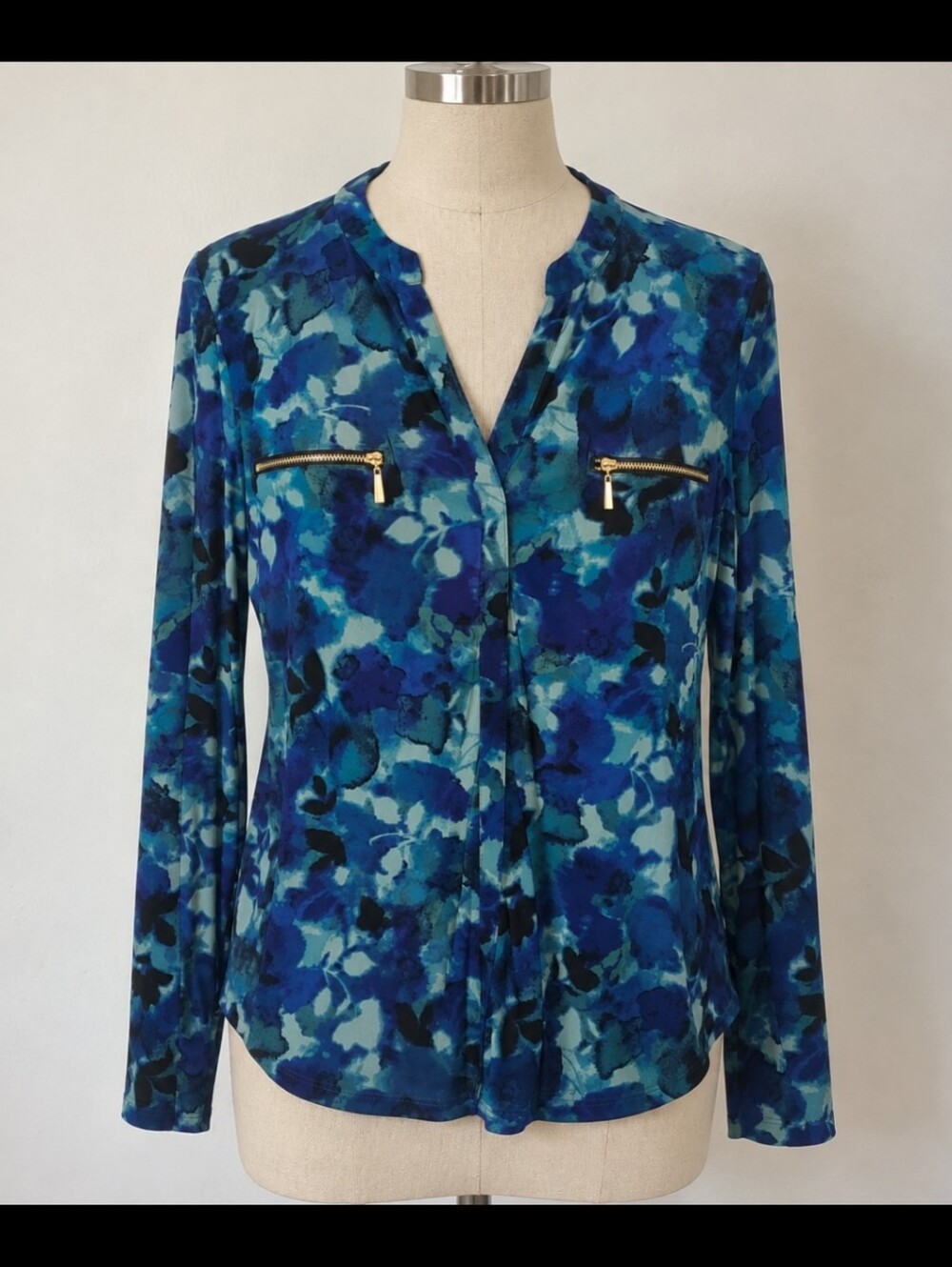 INC International Concepts Blue Multi-Print V-Neck Blouse with Gold Zips